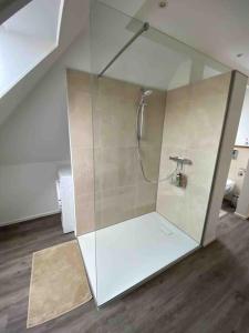 La salle de bains est pourvue d'une douche et d'une paroi en verre. dans l'établissement Schönes Loft in Bergrheinfeld 90 qm max 5 Personen, à Bergrheinfeld