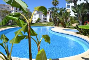a large blue swimming pool in front of a building at Casa Sol Calahonda in Sitio de Calahonda