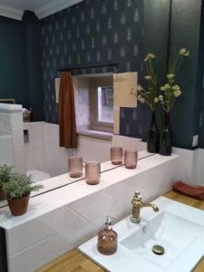 een badkamer met een wastafel en een spiegel bij l'Aile du Château 