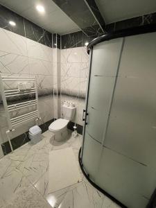 een badkamer met een toilet en een glazen deur bij Sırel Plaza in Nigde