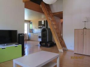 a living room with a ladder and a television and a table at Dachwohnung Zentrum Unterwasser in Unterwasser