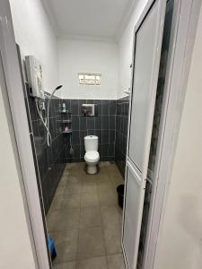 a bathroom with a toilet and green tiled walls at DHIA HOMESTAY in Machang