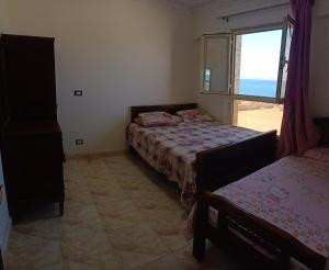 1 dormitorio con 2 camas y ventana en Furnished Apartment - Beach view "Nearest Beach 2 minutes walking" - Free Wifi- Abo keer - Alexandria - Egypt, en Abū Qīr