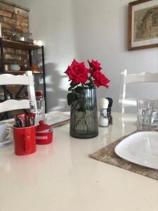 un jarrón con flores rojas sentado en una mesa en Sava Lux Apartment & Room, en Prijedor