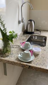 a kitchen counter with a sink and dishes on it at POUSADA RECANTO DULE in Guarapari
