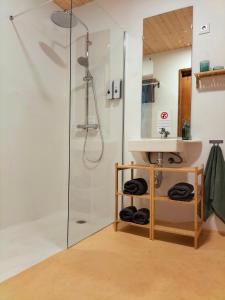 La salle de bains est pourvue d'une douche et d'un lavabo. dans l'établissement Mas la Llum, la casa de palla, à Arens de Lledó