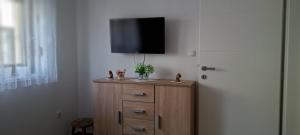 a tv on top of a cabinet with a refrigerator at Apartman La-iv in Bjelovar