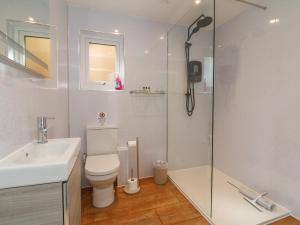 a bathroom with a shower and a toilet and a sink at Jasmine in Barnstaple
