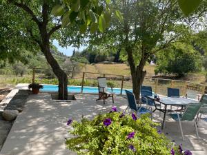 a patio with a table and chairs next to a pool at La naronne in Bandol