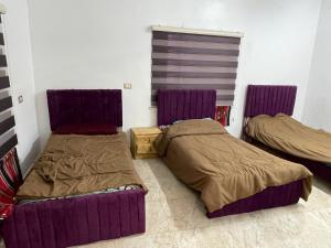 2 Betten in einem Zimmer mit lila Möbeln in der Unterkunft منتجع وشالية السفينة الريفي in Adschlun