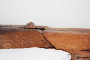 een dichting van een stuk hout op een bed bij Casa Pau in Santa Maria