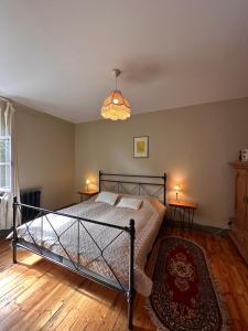 a bedroom with a bed and a chandelier at Baznīcas ielas apartamenti in Kuldīga