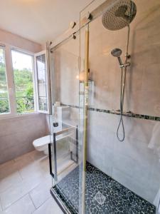uma casa de banho com um chuveiro e uma porta de vidro em Villa Nature entre Paris et Versailles em Marnes-la-Coquette