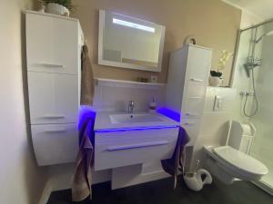 un baño con lavabo e inodoro en Ferienwohnung drei Eichen, en Isernhagen