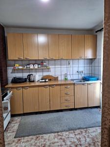 a kitchen with wooden cabinets and a sink at Dijanin Konak in Zvornik