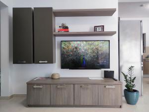 uma sala de estar com uma televisão de ecrã plano na parede em Étoile Court Apt - homey, spacious & private patio em Mġarr