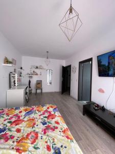 1 dormitorio con 1 cama con una manta colorida en Pinky studio, en Dobroeşti