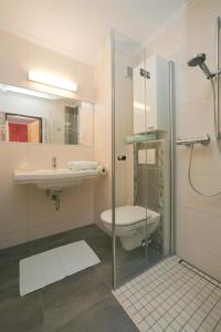 ein Bad mit einer Dusche, einem WC und einem Waschbecken in der Unterkunft Gourmetbauernhof Mentebauer in Gmünd in Kärnten
