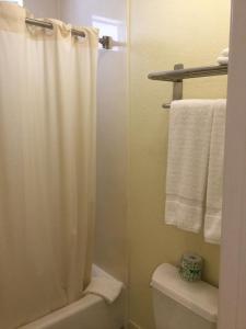 a bathroom with a shower curtain and a toilet at Beverly Inn in Los Angeles