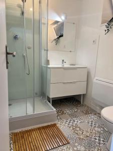 タンテニアックにあるMaison cosy 4 Personnesのシャワー、洗面台、トイレ付きのバスルーム