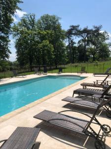 una piscina con tumbonas y sillas de jardín junto a ella en Château le Fresne, en Bouchemaine