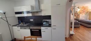 a kitchen with white cabinets and a sink and a microwave at Geinberg Suites & Via Nova Lodges in Polling im Innkreis