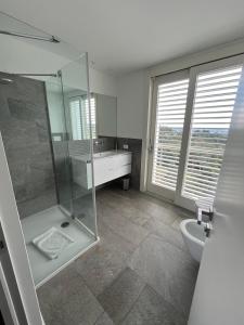 La salle de bains est pourvue d'une douche, d'un lavabo et de toilettes. dans l'établissement Penthouse - Villa Cardano, à Côme