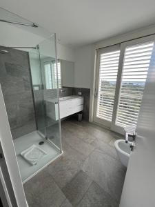 a bathroom with a shower and a sink and a toilet at Penthouse - Villa Cardano in Como
