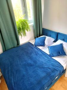 a blue bed with pillows in a room with a window at Urban Nest Apartments Starowiślna 30A in Krakow