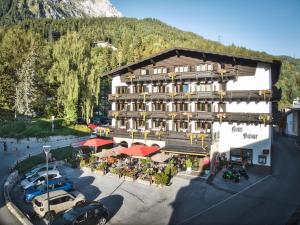 an aerial view of a hotel in the mountains at Berghotel Basur - Das Schihotel am Arlberg in Flirsch