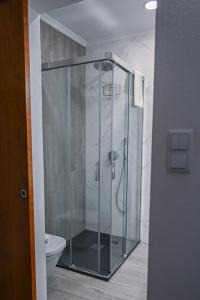 La salle de bains est pourvue d'une douche en verre et de toilettes. dans l'établissement Casa do Briamante 9, à Sintra