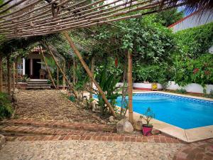 a swimming pool under a pergola next to a house at Huitzilin Hostal in Brisas de Zicatela