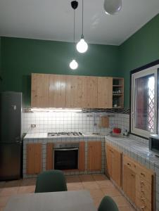 a kitchen with green walls and wooden cabinets at Milo's House in Mascalucia