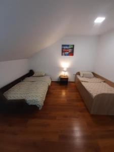 1 dormitorio con 2 camas y una lámpara en el suelo de madera en Apartman Dan & Noc en Višegrad