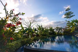 a pool in the middle of a garden with flowers at Arya Resort Nusa Penida in Nusa Penida