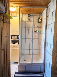 a shower with a glass door in a bathroom at Wohnung mit Privtbad in Gaggenau