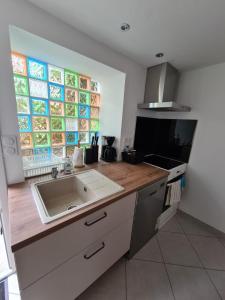 uma cozinha com um lavatório e uma grande janela em Le gite de la fontaine em Poyanne