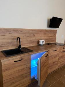 a kitchen counter with a sink and a tv at Zajazd Kadar in Wisła