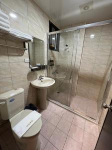 ein Bad mit einer Dusche, einem WC und einem Waschbecken in der Unterkunft Haoyue Hotel in Jincheng