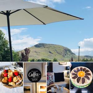 un collage de fotos con una mesa y un paraguas blanco en Hillcrest farmhouse Bed & Breakfast, en Boyhollagh