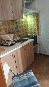 a kitchen with a sink and a microwave at Palm mountain view &no sea view in Possidi +10 photos