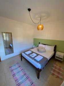 um quarto com uma cama, um espelho e um candeeiro em Casa Petrópolis em Petrópolis