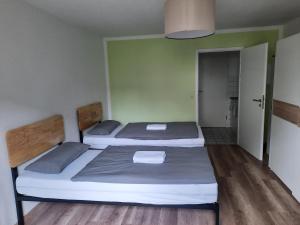 Habitación con 2 camas, paredes verdes y suelo de madera. en Apartment in Bielefeld Heepen, en Bielefeld