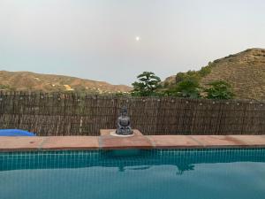 a statue is sitting next to a swimming pool at A tranquil mountain escape, casa particular, exclusive accommodation, private pool and terraces in Oria