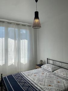 1 dormitorio con 1 cama y luz colgante en Bel appartement centre ville de Vierzon, en Vierzon