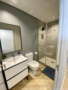 a bathroom with a toilet and a sink and a shower at Cosy Studio with Spectacular Views in Cape Town