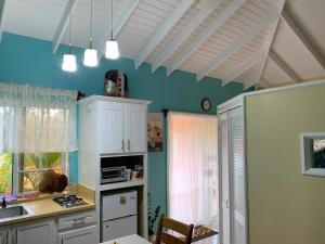 cocina con paredes azules y armarios blancos en Sunrise Suite en Gros Islet