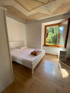 a bedroom with a white bed and a window at Ride Home - Val di Sole in Commezzadura