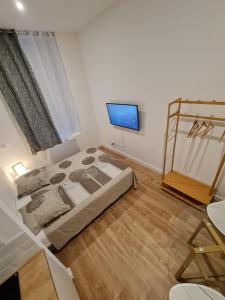 een slaapkamer met een bed en een flatscreen-tv bij Le Marty 2 Studio in Carcassonne