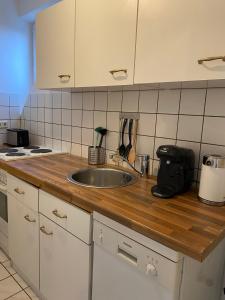 eine Küche mit einer Spüle und einer Arbeitsplatte in der Unterkunft Modernes Apartment in zentraler Lage in Münster